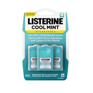 Listerine Cool Mint PocketPaks Portable Breath Strips for Bad Breath, Fresh Breath Strips Dissolve Instantly to Kill 99% of Bad Breath Germs* On-The-Go, Cool Mint, 24-Strip Pack, 3 Pack